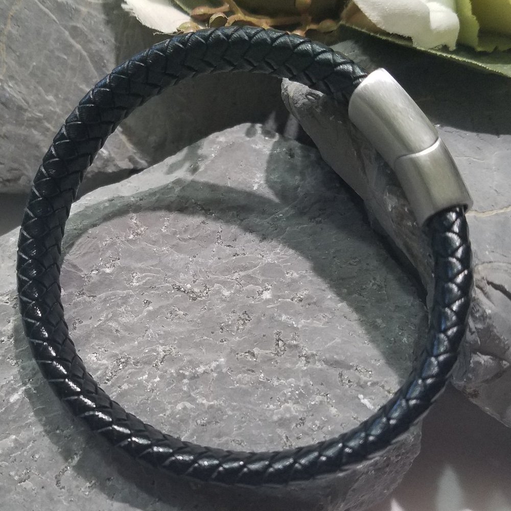 Men's Braided Leather Bracelet SS Magnetic Clasp